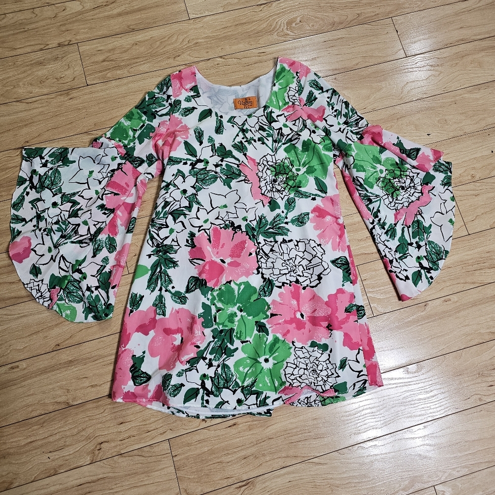Voom by Joy Han Pink Green A-line Mini Dress with Long Bell Sleeves